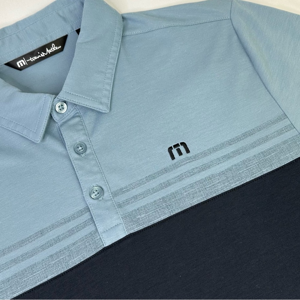Travis Mathew Golf Chock A Block Polo Large Faded Denim Sz Medium Retail $89.95